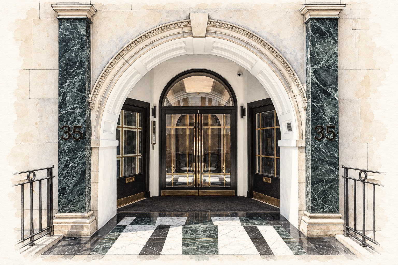 Architectural illustration of the entrance at 35 Dover Street, Mayfair