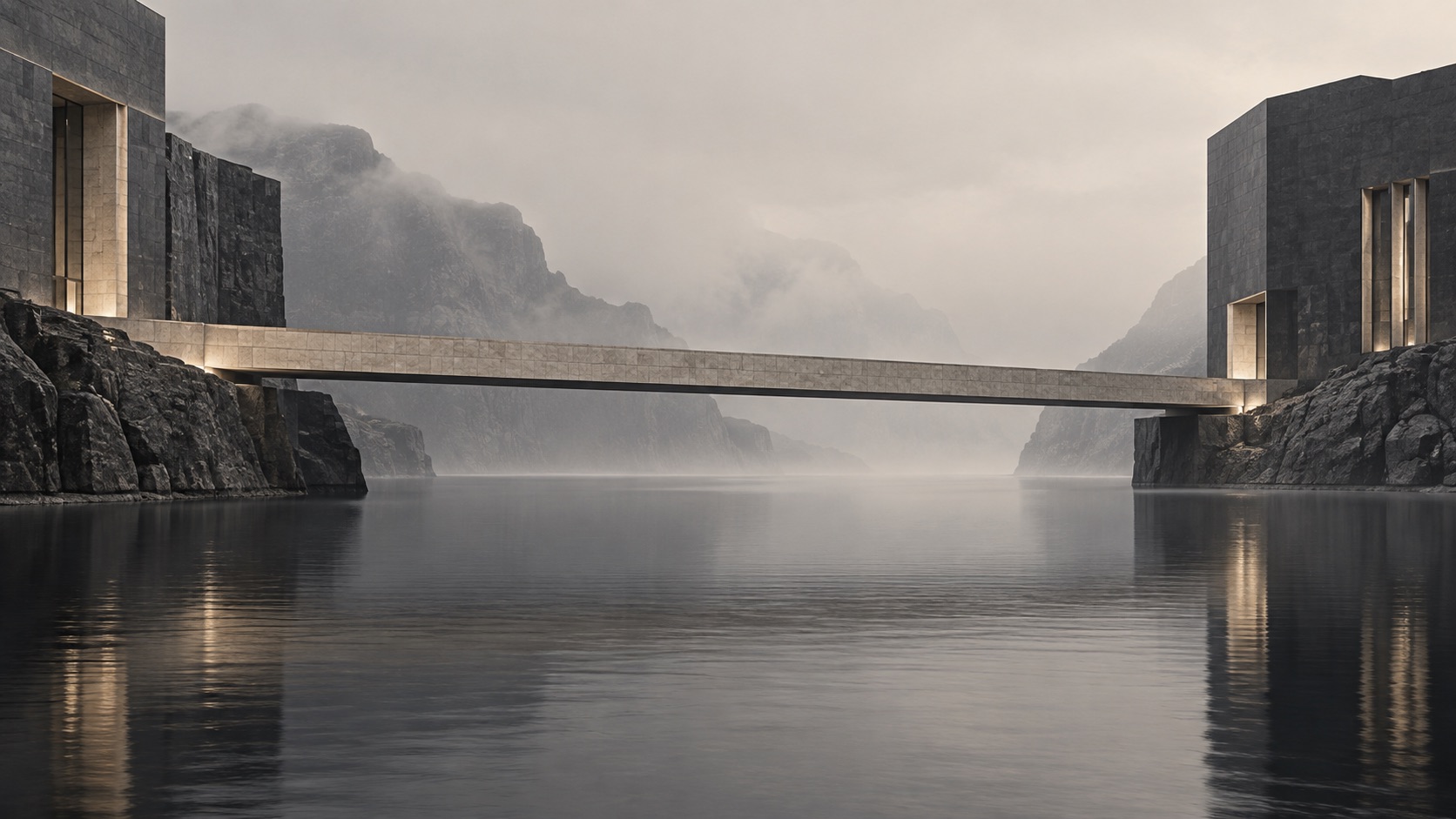 Architectural bridge spanning water between mountain landscapes